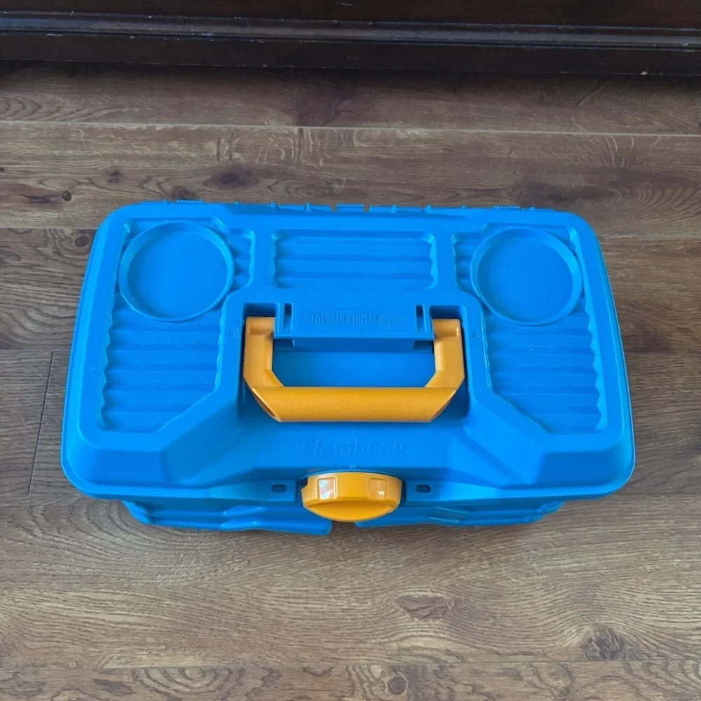 Blue Portable Tool Organizer with Yellow Latch and Handle, craft, Tackle box